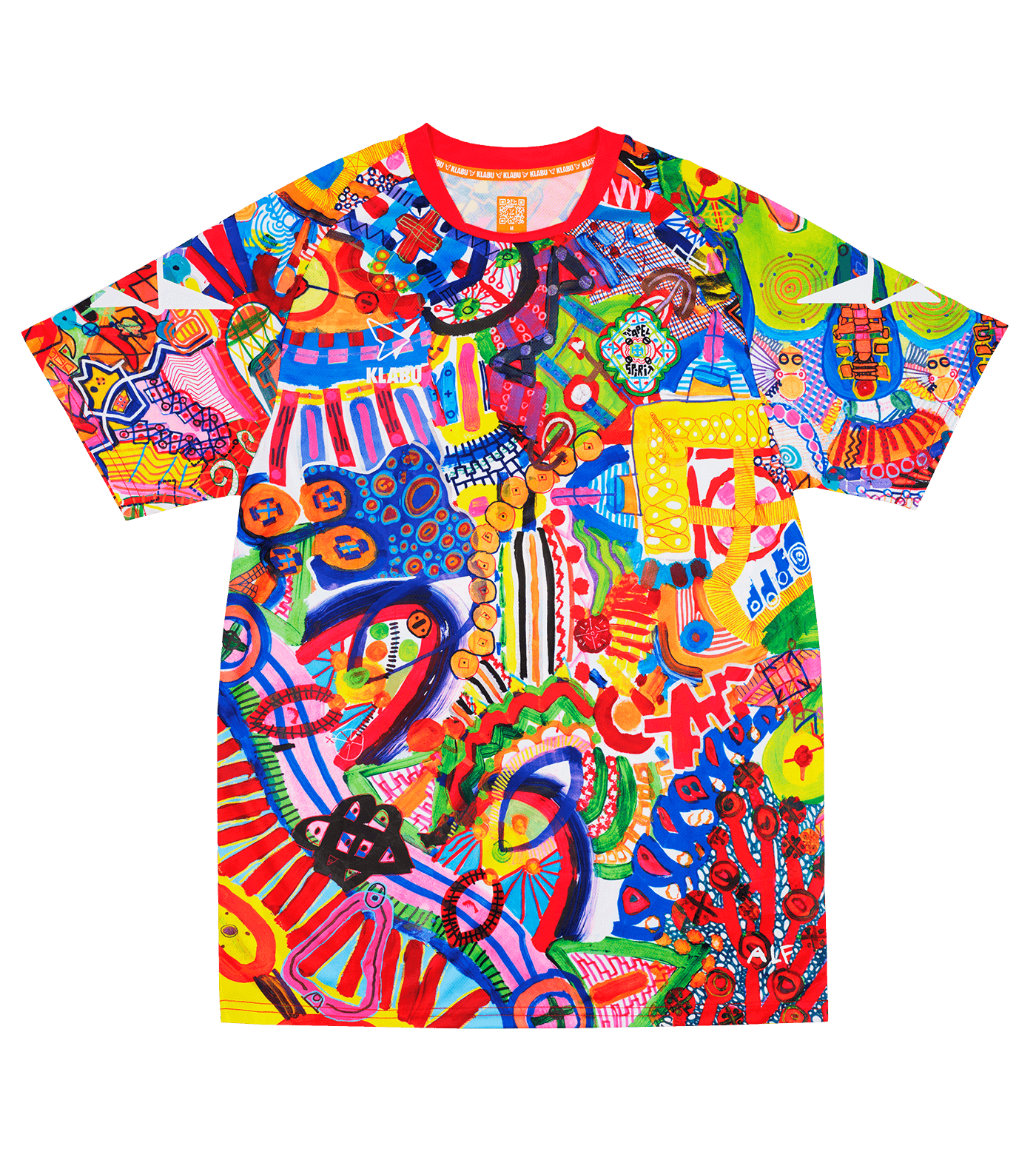 A vibrant, abstract T-shirt featuring a mix of colorful patterns, shapes, and symbols, with prominent reds, blues, yellows, and greens. Refugee sports sportswear impact